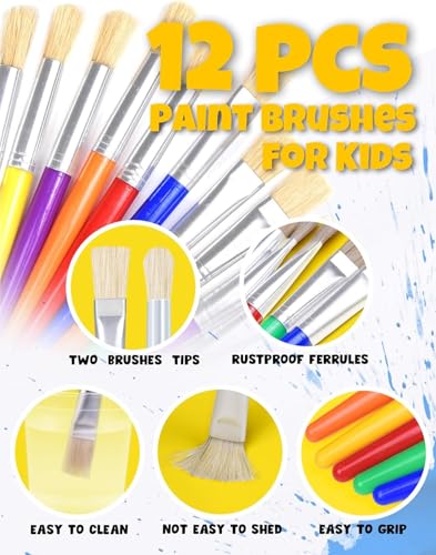 Joyooss Kids Paint Brushes, 12 Pcs Round/Flat Large, Easy to Clean & Grip Washable No Shed Hog Bristle for Watercolor, Acrylic, Gouache - size: 12 Pcs