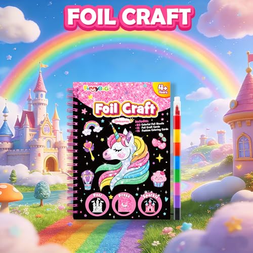 FUNNYB&G Foil Art Craft Kit for Girls 4-10 Years Old: Mess-Free & No-Glue, Create 16 Sparkly Unicorns Pictures – Perfect Travel Toy & Birthday Gift for Kids（Unicorns） - style: Unicorns