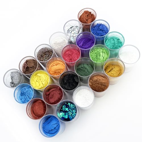 VITARIE Pigment Set - 24 Colors Mica Powder for Lip Gloss, Skin Paint, Bath Bombs, Soap Making, Nail Polish, Epoxy Resin, Candle - 0.11oz Each (20 Jars Mica + 4 Jars Glitter) - color: White,Balck,Silver,Gold,Yellow,Metallic,Orange,Rose,Purple,Blue,Green,H