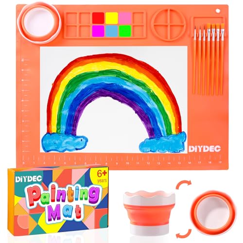 DIYDEC Silicone Craft Mat for Kids 20X16 Inch Large Painting Mat with Detachable Cup &10 Painting Brushes Silicone Art Mat for Boy Girl DIY Gift Accessories (Orange) - color: Orange