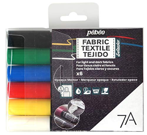 PEBEO 7A Marker - Opaque Water-based Fabric Paint Marker - Ideal for Fine Painting on Dark or Light Textiles - Easy Application and Use - 4mm Brush Tip - Pack 6 Classic Colors - color: Sets