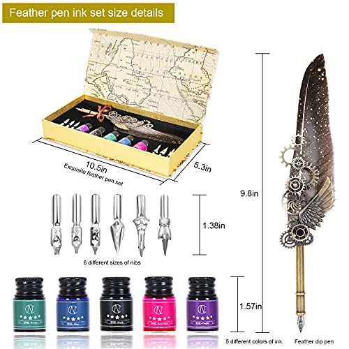 NC Feather Quill Pen Set - Includes 5 Ink Bottles, 6 Nibs, Mechanical Quill Pen for Calligraphy, Writing Letters, Signing, Invitations Etc (Grey) - color: Grey