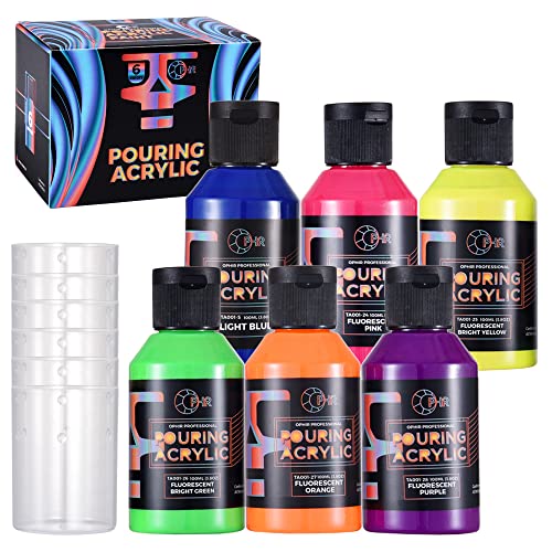OPHIR Premixed Acrylic Pouring Paint Set, 3.8OZ/Bottle, High Flow Water-Based Pour Paint Supplies for Pouring on Canvas, Wood, Rocks, Light Blue, Fluorescent Pink Yellow Green Orange Purple, 6 Colors - color: Fluorescent Colors Set (6 Bottles)