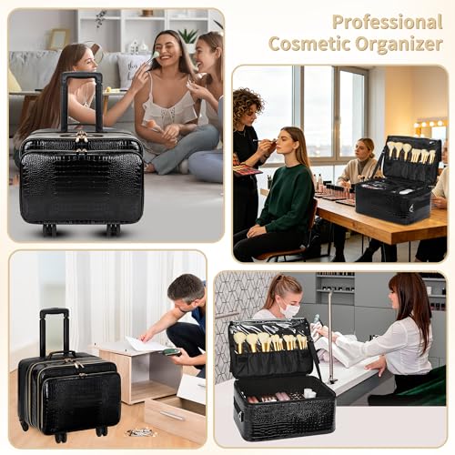 OCHEAL 18" Rolling Makeup Case, Professional 4-in-1 Trolley Case | 3-Layer, Large Cosmetic Organizer with Wheels,Large Makeup Case & Double Brush Organizer, 6 Travel Bags - color: Black-4 in 1