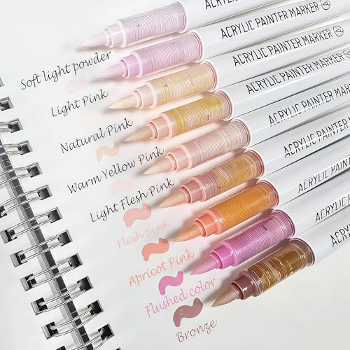 Brush Tip Acrylic Markers, 9 Colors Water Based Acrylic Paint Pens for Rock Painting, Journaling, Wood, Glass, Adult Coloring Books, Art & Journaling Supplies (Beauty Skin Series) - style: Beauty Skin Series