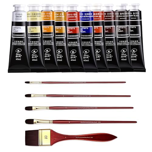rubens Artist Oil Paints Set 10 Colors with Filbert Paint Brushes Set, 1.35 OZ Portrait Colors for Canvas, Professional Oil Paint Kits for Artists, Beginners