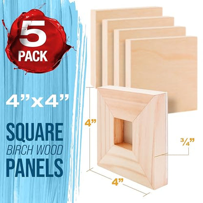 U.S. Art Supply 04" x 04" Unfinished Cradled Wood Panels for Painting, Studio 3/4" Deep (5 Pack) - Artist Depth Birch Wooden Wall Canvases - Mixed-Media Craft, Acrylic, Oil, Encaustic, Paint Pouring - size: 4" x 4", style: Square