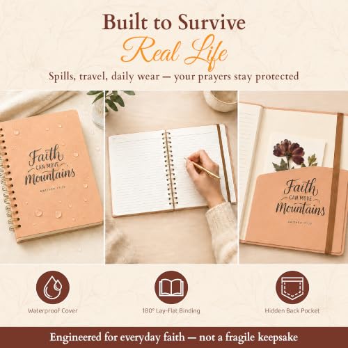 Only Zest Hardcover Blank Christian Notebook – 140 Pages - Matthew 17:20 | Lined Pages with Bible Verse Cover – Inspirational Writing Spiral Notebook for Bible Study, "Faith Can Move Mountains" - color: Faith_Beige