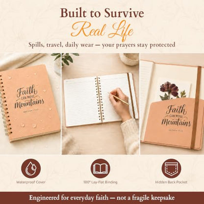 Only Zest Hardcover Blank Christian Notebook – 140 Pages - Matthew 17:20 | Lined Pages with Bible Verse Cover – Inspirational Writing Spiral Notebook for Bible Study, "Faith Can Move Mountains" - color: Faith_Beige