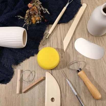 Leriton 40 Pcs Pottery Clay Tools Kit Sculpting Clay Tool Includes Cutting Modeling Trimming with Wooden Handles Carving Kit for Beginners Carving Shaping