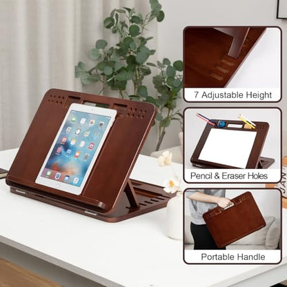 StrongTek Bamboo Tabletop Easel for Painting and Drawing, Adjustable Drawing Easel with Pencil & Eraser Holes, Stable Table and Lap Use for Sketching, Acrylic Painting and Reading - style: Walnut