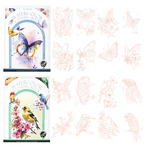 Watercolor Coloring Paper Set for Adults Beginners Creative All in One Pocket Watercolor Painting Book DIY Line Sketch Coloring Papers with Water(Butterflies&Birds Series) - color: Butterflies&Birds Series