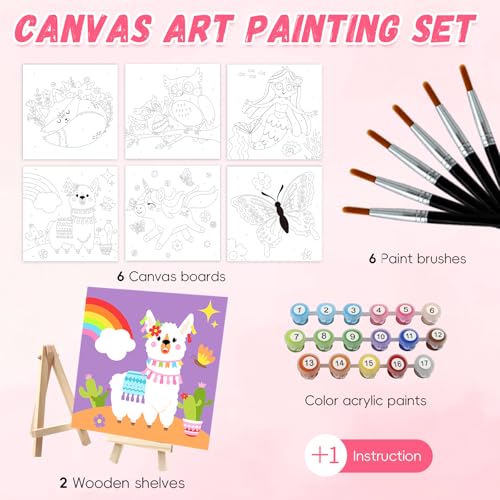 goldentime Kids Paint by Number Kits Including 6 Pre-Drawn Canvas for Painting, 6 Brushes 17 Paints and 2 Easels, Perfect Art Painting Kit, Arts and Crafts Painting for Kids Ages 8-12 - color: fantasy