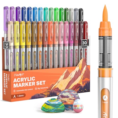 JusArt Acrylic Paint Markers Brush Tip 30 Colors, Water-Based No-Bleed Markers with Automatic Ink Control, Waterproof Acrylic Paint Pens for DIY Art & Crafts -Fabric, Wood, Rock, Ceramic, Metal - color: 30 Colors