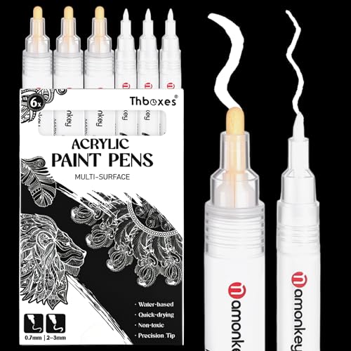 Thboxes White Pens Set, 6 Pcs Acrylic Paint Pens Dual-Tip Marker Fineliner Brush Pen Quick-Drying Waterproof White Ink Pen for Black Paper Drawing Sketching Clothes Wood Glass Ceramic Stone - color: 2 SIZE WHITE