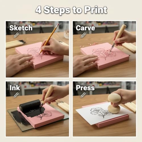 Lnncdsc Linocut Kit for Beginners & DIY Artists – Complete Block Printing Starter Set with Carving Tools & Brayer Roller – Perfect for Homemade Stamps, Greeting Cards, Gifts & Art Projects