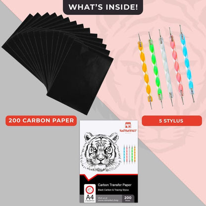 200 Sheets Black Carbon Paper for Tracing On Fabric | Carbon Paper for Tracing on Wood & Canvas, Tracing Paper for Drawing Sewing Patterns, 5 Stylus, A4 Size (9 X 13) Graphite Transfer Paper
