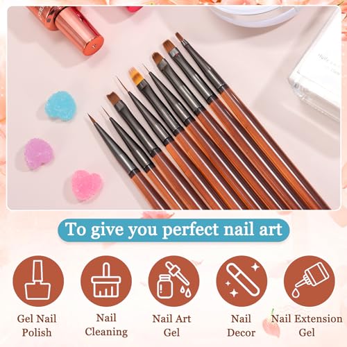 9Pcs Nail Art Brush Set, Builder Painting Design Detail Drawing Brushes Dotting Pen Double-Ended French Liner For Gel Polish Manicure Tools Acrylic Home DIY Salon Use Women, Brown - color: Brown