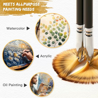 Golden Maple Fan Brushes, 3Pcs Soft Anti-Shedding Nylon Hair, Birch Wooden Long Handle Artist Paint Brush Set for Acrylic Watercolor Oil Painting