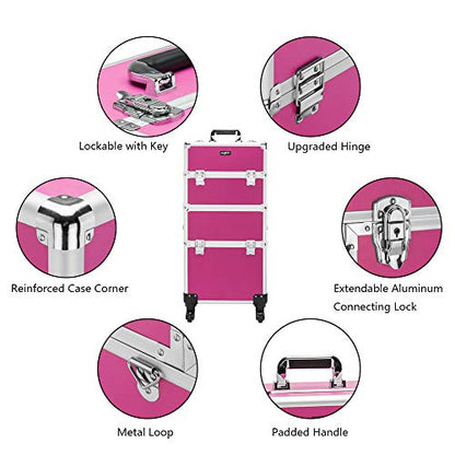 mefeir 3 in 1 Rolling Makeup Train Case, Aluminum Makeup Travel Organizer Cosmetic Case, Cosmetology Display Suitcase on Wheels, Beauty Storage Luggage Lockable w/4 Removable Wheels (Rose-Pink) - color: Rose Pink