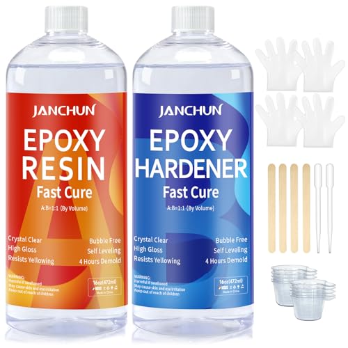 JANCHUN Crystal Clear Epoxy Resin Kit 32OZ, Bubble-Free, Anti-Yellowing, Self Leveling Easy Mix 1:1 Coating and Casting Resin for Table Top, Molds, Tumbler Crafts, Painting, Jewelry, DIY Gifts - size: 32oz