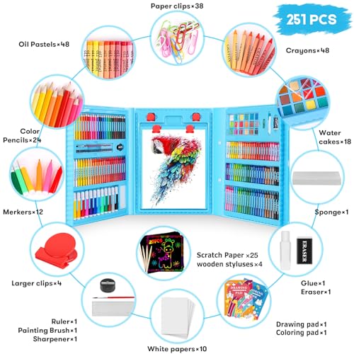 iBayam Art Case Coloring Set - (251ct), Art Kit for Him & Her, Art Supplies Set, Gifts with Trifold Easel, Scratch Paper, Sketching/Coloring Book, Crayons Pencils - color: Blue