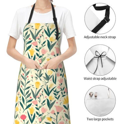 Cream Pastel Wildflower Art Waterproof Apron with Pockets | Garden Aprons for Men Women Adjustable Bib Apron for Cooking Kitchen Baking BBQ Painting Housework Oil Resistant - color: Cream Pastel Wildflower Art