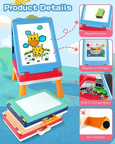 Elovien Easel for Kids, 4 in 1 Double Sided Toddler Art Easel with Chalkboard & Magnetic Whiteboard, Foldable Kids Tabletop Easel with Drawing & Writing Accessories - Gift for Boys and Girls (Blue) - color: Blue