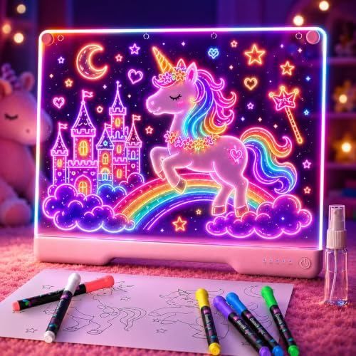 Geokay 16" Rechargeable LED Drawing Board, 9-Color Light Modes, Neon Art Dry Erase Light Up Doodle Glow Pad with Built-in Stand, Sketching Gift Toy for Kids/Girls/Teens, 7 Markers & Tracing Book - color: Baby Pink
