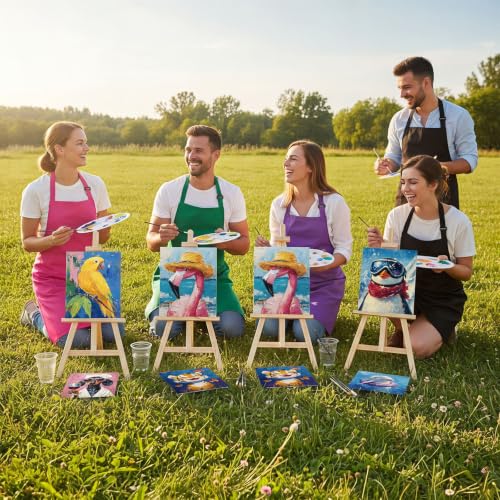 Cholemy 6 Set Paint and Sip Kit for Adults 8"x 10" Pre Drawn Canvas Painting with Wooden Easel Acrylic Paint Wash Cup Brushes Palette Apron for Painting DIY Adult's Date Party Supplies(Cool Animals) - style: Cool Animals