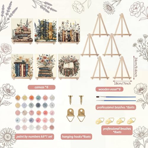 YooNotee 6 Pack Book Paint by Numbers Kit on Canvas with Wooden Easels & Brushes, 8x8 Inch Halloween Canvas Art Set for Adults DIY Flowers Acrylic Painting for Home Wall Decor - style: Book