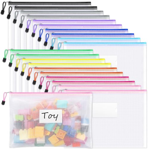 Sooez 20 Pack Mesh Zipper Pouch Bags, A4 Letter Size, Zipper Bags with Label Pocket, Waterproof Bag for Classroom Organizer, School Office Teacher Supplies, Storage Pouches for Board Game Toy Storage - style: 20 Pack