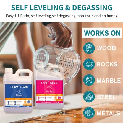 JDiction 1.06 Gallon Epoxy Resin - High Gloss Epoxy Resin Kit, Easy 1:1 Mix, Self Leveling, Non-Toxic, Crystal Clear & Bubble Free Coating and Casting Hardener for Jewelry, Art, Wood, Table Top - size: 135.68 fl oz