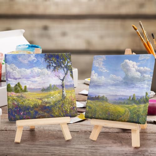 Tosnail 24 Pack 4" x 4" Mini Canvas and Easel Set, Small Art Easel Stand with Canvas Set, Tabletop Wooden Display Stand and Canvas Panels for Artist, Students, Adults, Kids Painting