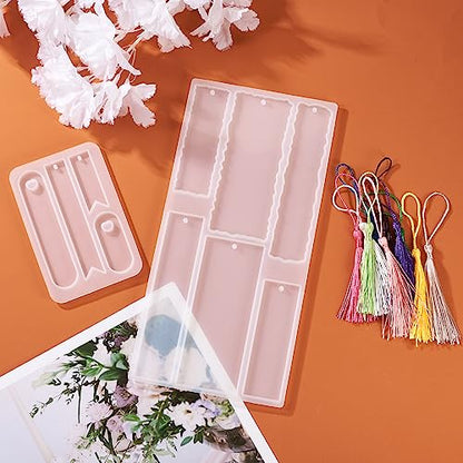 Craftdady 2Pcs Resin Bookmark Mold Rectangle Oval Flag Silicone Resin Molds with 20Pcs Bookmark Tassels 10 Colors for Epoxy Resin Casting - color: Transparent, Bookmarks