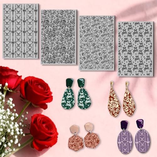 CHGCRAFT 4 Pcs Valentine's Day Polymer Clay Texture Sheet Bow and Roses Rubber Clay Texture Mat for Polymer Clays Making Earrings Jewelry DIY Crafts 5.5 × 5.5 Inch