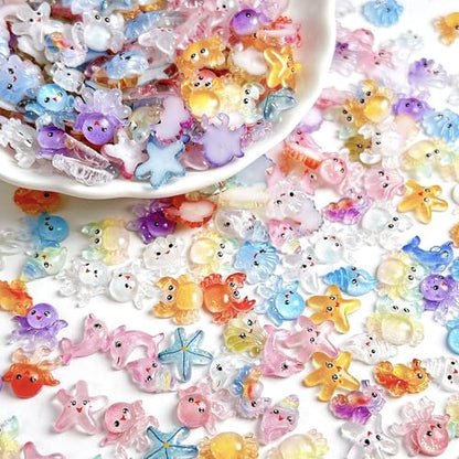 200Pcs Ocean Mini Resin Nail Art Charms Tiny Sea Animal Nail Rhinestones Shell Octopus Starfish Crab Nail Charm Cute Ombre Seahorse Nail Diamond 3D Colorful Summer Nail Supplies for Beach DIY Manicure - color: yellow