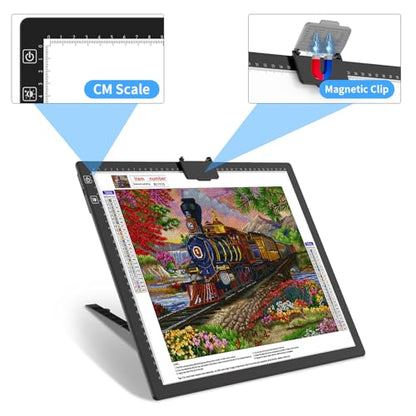 HIUKCOLED Rechargeable A3 Light Pad with Diamond Painting Light Board Carry Bag, Built-in Foldable Stand＆top Clip, 3 Colors/Stepless/6-level Brightness, Battery Powered Wireless LED Tracing Box - style: A3 Stand with Bag