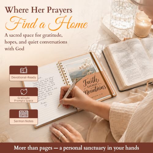 Only Zest Hardcover Blank Christian Notebook – 140 Pages - Matthew 17:20 | Lined Pages with Bible Verse Cover – Inspirational Writing Spiral Notebook for Bible Study, "Faith Can Move Mountains" - color: Faith_Beige