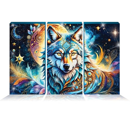 ArtSkills Diamond Painting Kit, Diamond Art Ready to Hang Framed Canvas with Storage and Accessory Kit, Mythical Wolf, 3 Stretched Canvas Panels, 14” x 7” Each - color: Mythical Wolf
