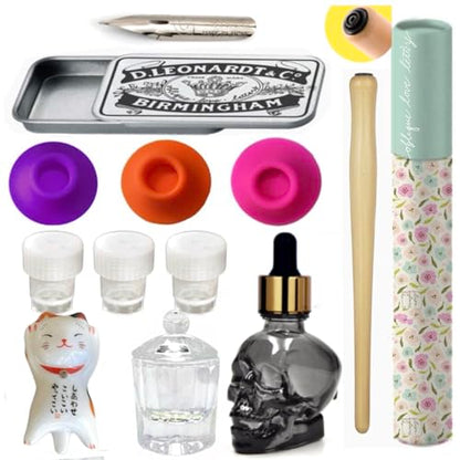 Complete Calligraphy Set with Dip Pen, Glass Inkwell, Ink Bottle Holder, Pen Rest, and Nib Storage Box for Calligraphy Enthusiasts