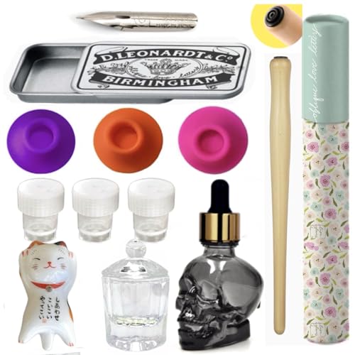 Complete Calligraphy Set with Dip Pen, Glass Inkwell, Ink Bottle Holder, Pen Rest, and Nib Storage Box for Calligraphy Enthusiasts