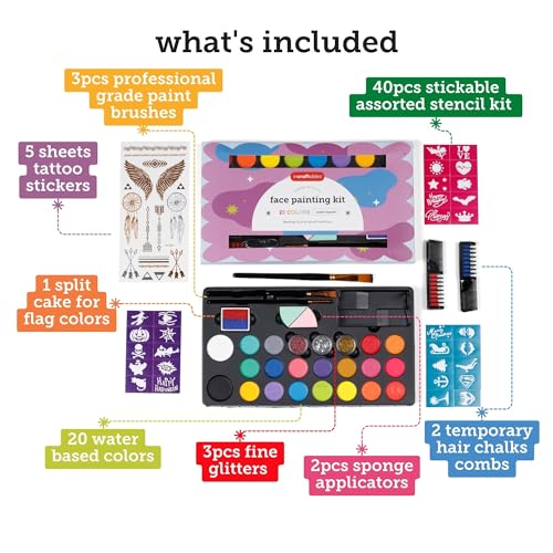 Incraftables Non-Toxic Water-Based Face Paint Kit – 24 Colors with Brushes, Stencils & Glitter for DIY Art, Cosplay, Festivals & Creative Projects - style: Face Painting Kit