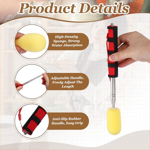 PATIKIL 41" Telescoping Sponge Stick for Pottery, Retractable Ceramic Sponge Tool with 2pcs Head for Removing Excess Water from Tall and Narrow Pottery, Yellow/Red(1.18/1.57"W) - color: Yellow/Red