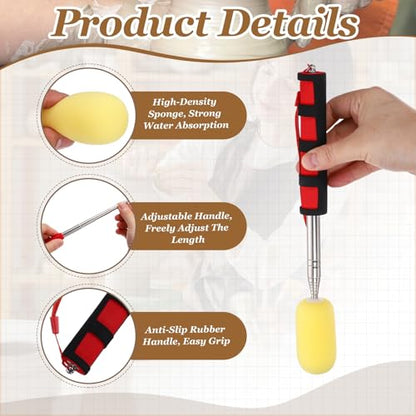 PATIKIL 41" Telescoping Sponge Stick for Pottery, Retractable Ceramic Sponge Tool with 2pcs Head for Removing Excess Water from Tall and Narrow Pottery, Yellow/Red(1.18/1.57"W) - color: Yellow/Red