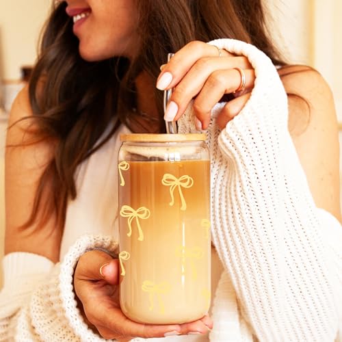 Coquette Cute Pastel Yellow Bow Summer Glass Cups with Lids and Straws, Aesthetic Iced Coffee Cup Girly Preppy Tumbler Mug, Christmas Valentines Birthday Gifts for Women, Teen Girl Gifts Trendy Stuff - color: 05-Bow-Pastel Yellow