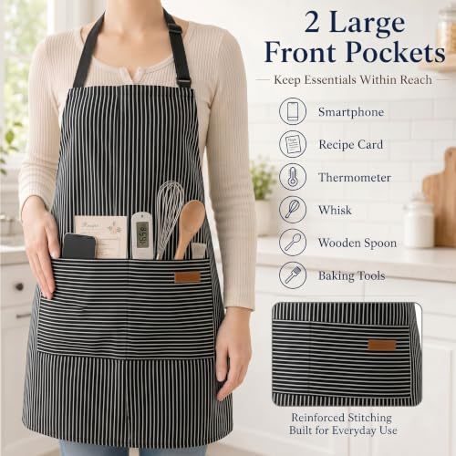 Handepo 4 Pcs Kitchen Aprons with Pockets Adjustable Waterproof Cotton Aprons Striped Apron for Women Men Chef Gift for Dad - color: Black