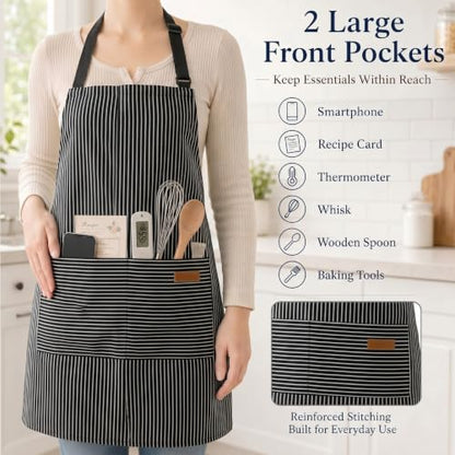 Handepo 4 Pcs Kitchen Aprons with Pockets Adjustable Waterproof Cotton Aprons Striped Apron for Women Men Chef Gift for Dad - color: Black
