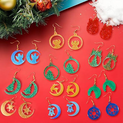 6 Pack Christmas Resin Earring Molds with Holes, Various Moon Round Shapes Snowflake Snowman Christmas Tree Elk Gingerbread Man Silicone Mold for DIY Making Earring Pendant Jewelry Gift - color: 6 Pcs Moon Round Shapes Christmas Earring Mold