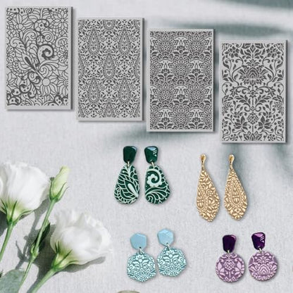 4 Pcs Bohemian Complex Flowers Pattern Polymer Clay Texture Sheet Rubber Clay Texture Mat for Polymer Clays Making Earrings Jewelry DIY Crafts, 4 × 2.5 Inch - style: Complex Flowers